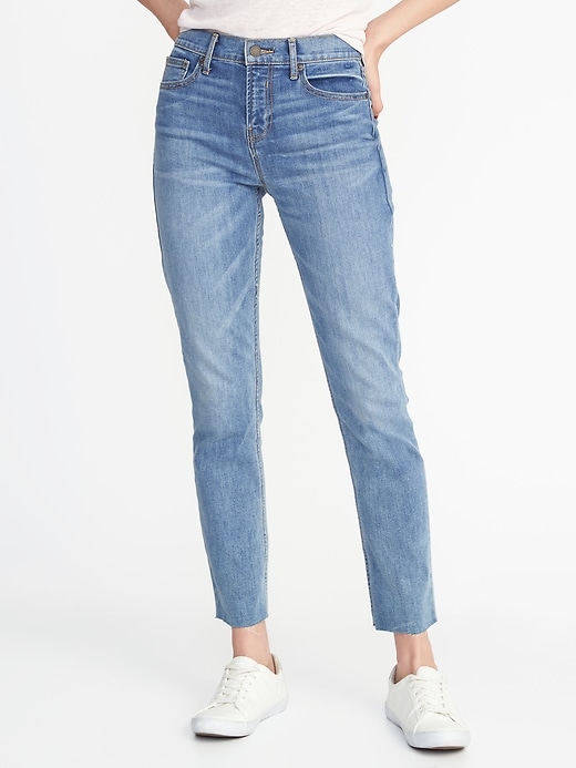 Image number 1 showing, Mid-Rise Raw-Hem Straight Ankle Jeans for Women
