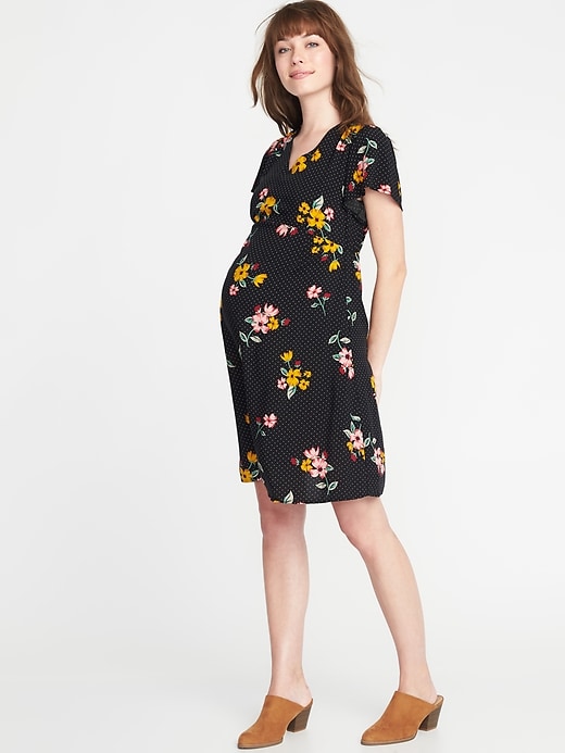 View large product image 1 of 1. Maternity Waist-Defined Flutter-Sleeve Dress