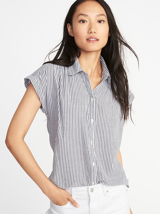 Image number 1 showing, Relaxed Lightweight Cap-Sleeve Shirt for Women