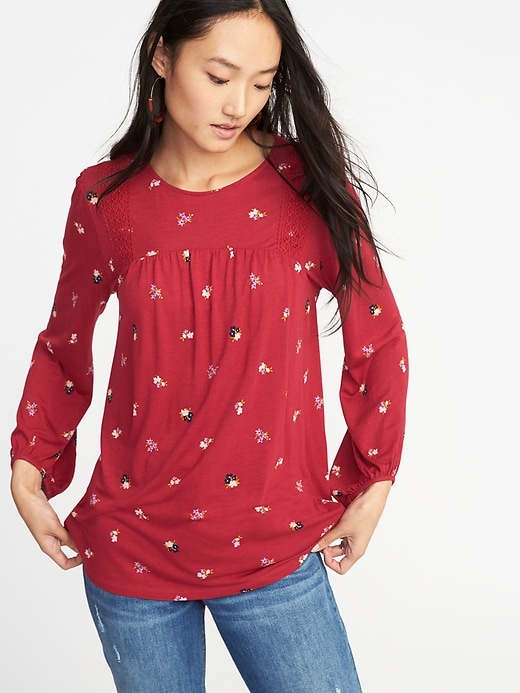 Image number 1 showing, Relaxed Lace-Trim Balloon-Sleeve Top for Women