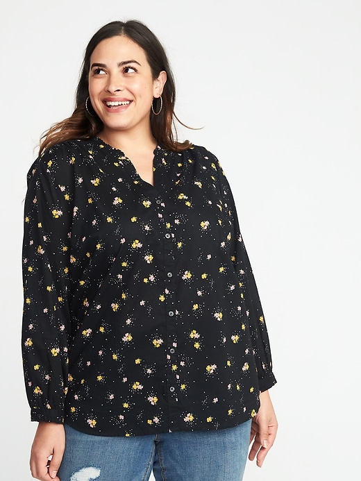 Image number 1 showing, Relaxed Plus-Size Ruffle-Trim Floral Shirt