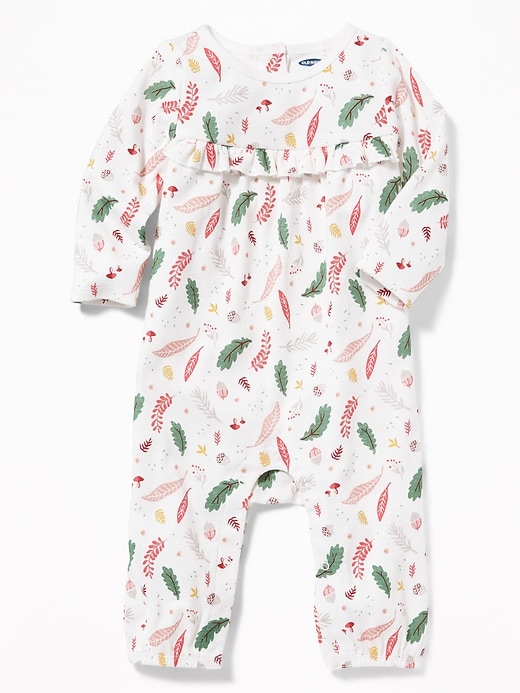 View large product image 1 of 2. Autumn-Print Ruffle-Trim One-Piece for Baby