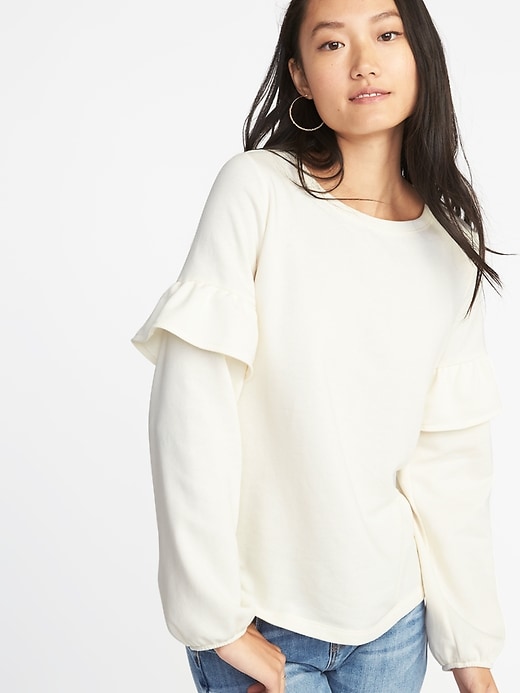 Image number 1 showing, French Terry Ruffle-Sleeve Sweatshirt for Women