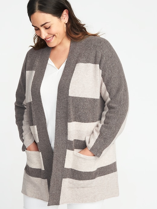 Image number 1 showing, Relaxed Plus-Size Open-Front Striped Sweater