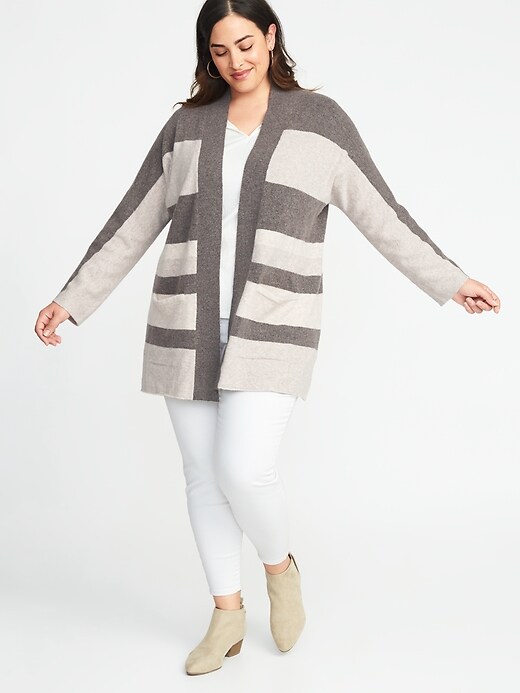 Image number 3 showing, Relaxed Plus-Size Open-Front Striped Sweater