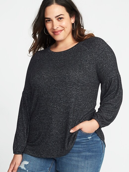 View large product image 1 of 1. Relaxed Plus-Size Balloon-Sleeve Plush-Knit Top