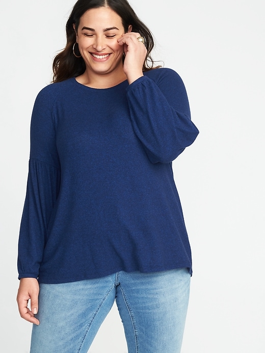 View large product image 1 of 1. Relaxed Plus-Size Balloon-Sleeve Plush-Knit Top
