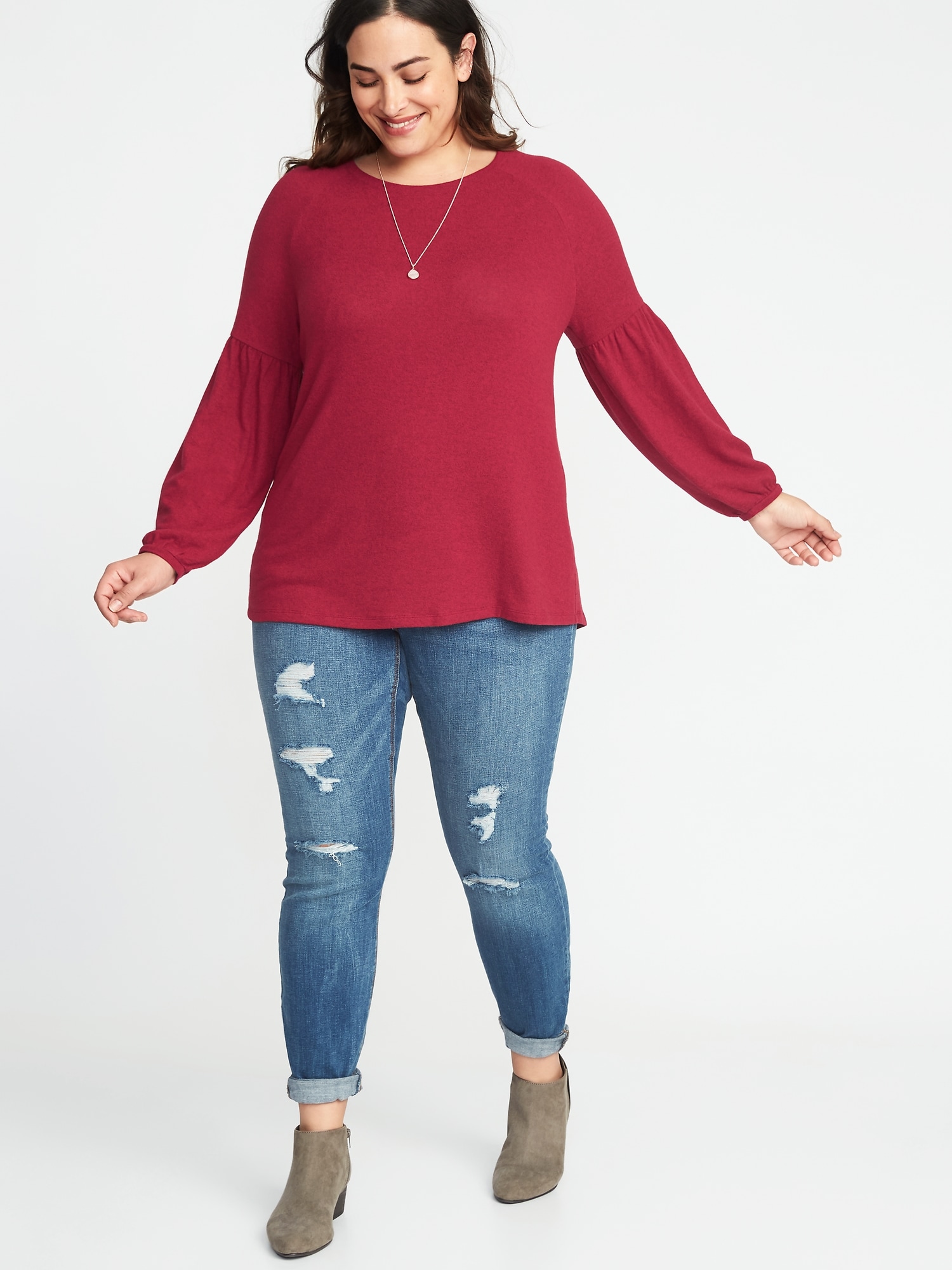 Relaxed Plus-Size Balloon-Sleeve Plush-Knit Top | Old Navy