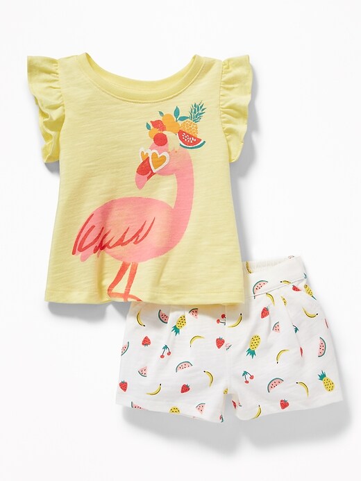 View large product image 1 of 2. Slub-Knit Graphic Tee & Printed Shorts Set For Baby