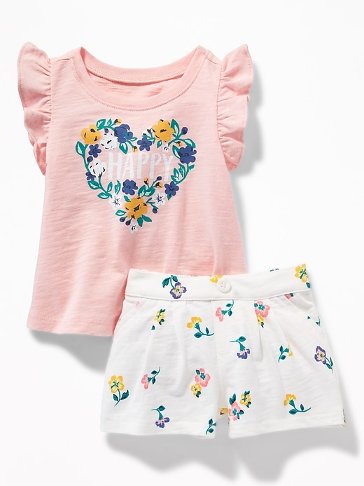 View large product image 1 of 1. Slub-Knit Graphic Tee & Printed Shorts Set For Baby