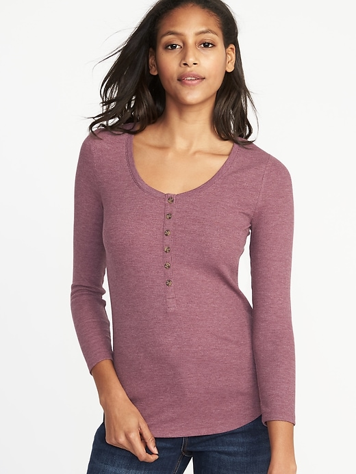 View large product image 1 of 1. Slim-Fit Rib-Knit Henley for Women