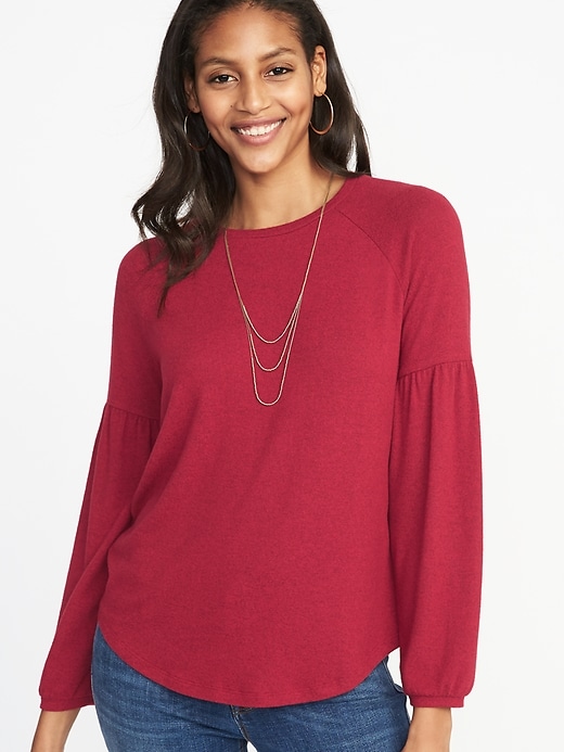 Image number 1 showing, Plush-Knit Balloon-Sleeve Top for Women