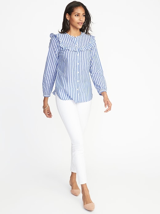 Image number 3 showing, Relaxed Ruffle-Trim Button-Front Top for Women
