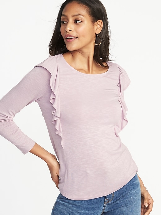 View large product image 1 of 1. Ruffle-Trim Slub-Knit Top for Women