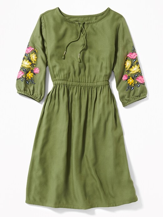 View large product image 1 of 3. Embroidered-Sleeve Waist-Defined Midi Dress for Girls