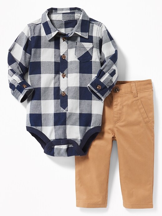 View large product image 1 of 1. Plaid Bodysuit & Solid Pants Set for Baby