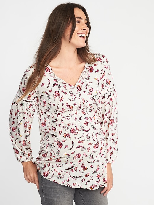 View large product image 1 of 1. Maternity Floral-Paisley Jersey Lace-Trim Top
