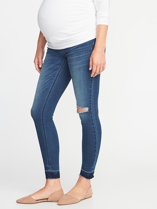 View large product image 1 of 3. Maternity Premium Full Panel Raw-Edge Rockstar Jeans