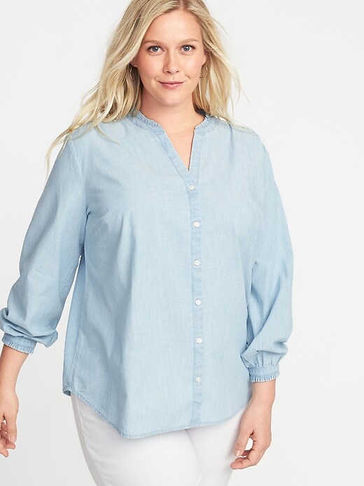 Image number 1 showing, Relaxed Banded-Collar Denim Plus-Size Shirt