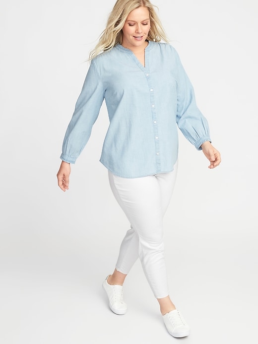 Image number 3 showing, Relaxed Banded-Collar Denim Plus-Size Shirt