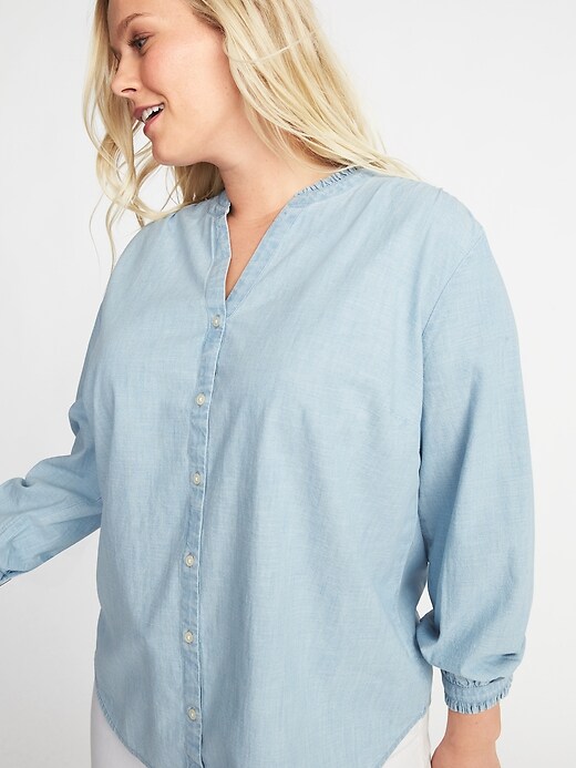 Image number 4 showing, Relaxed Banded-Collar Denim Plus-Size Shirt