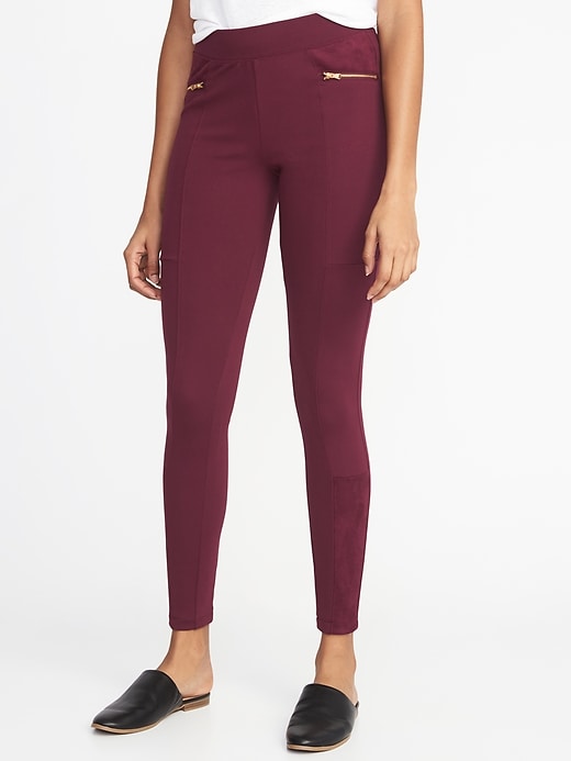 View large product image 1 of 2. High-Rise Stevie Ponte-Knit Sueded-Trim Zip-Panel Pants for Women