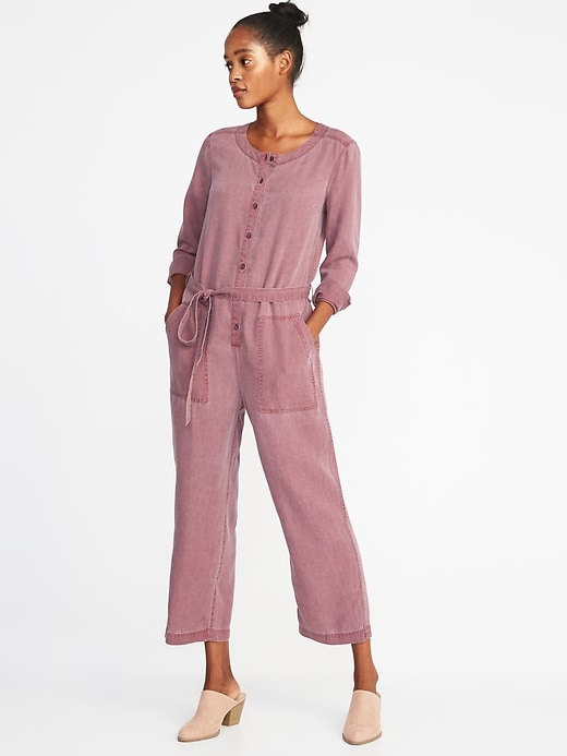 Image number 1 showing, Faded-Twill Tie-Belt Utility Jumpsuit for Women