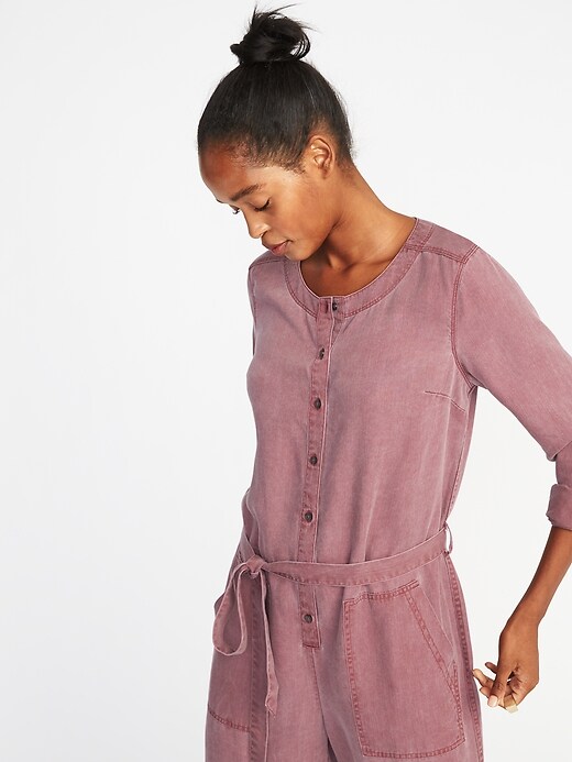 Image number 3 showing, Faded-Twill Tie-Belt Utility Jumpsuit for Women