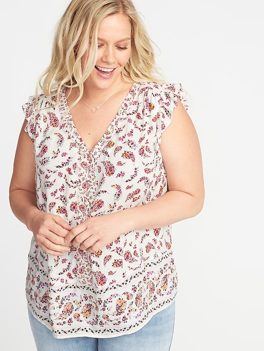 Image number 1 showing, Plus-Size Ruffle-Trim Floral Top