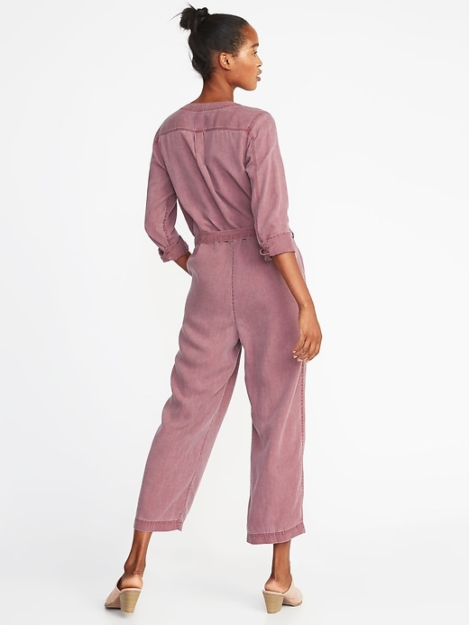Image number 2 showing, Faded-Twill Tie-Belt Utility Jumpsuit for Women