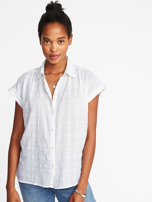 Image number 1 showing, Relaxed Dobby-Windowpane Button-Front Top for Women