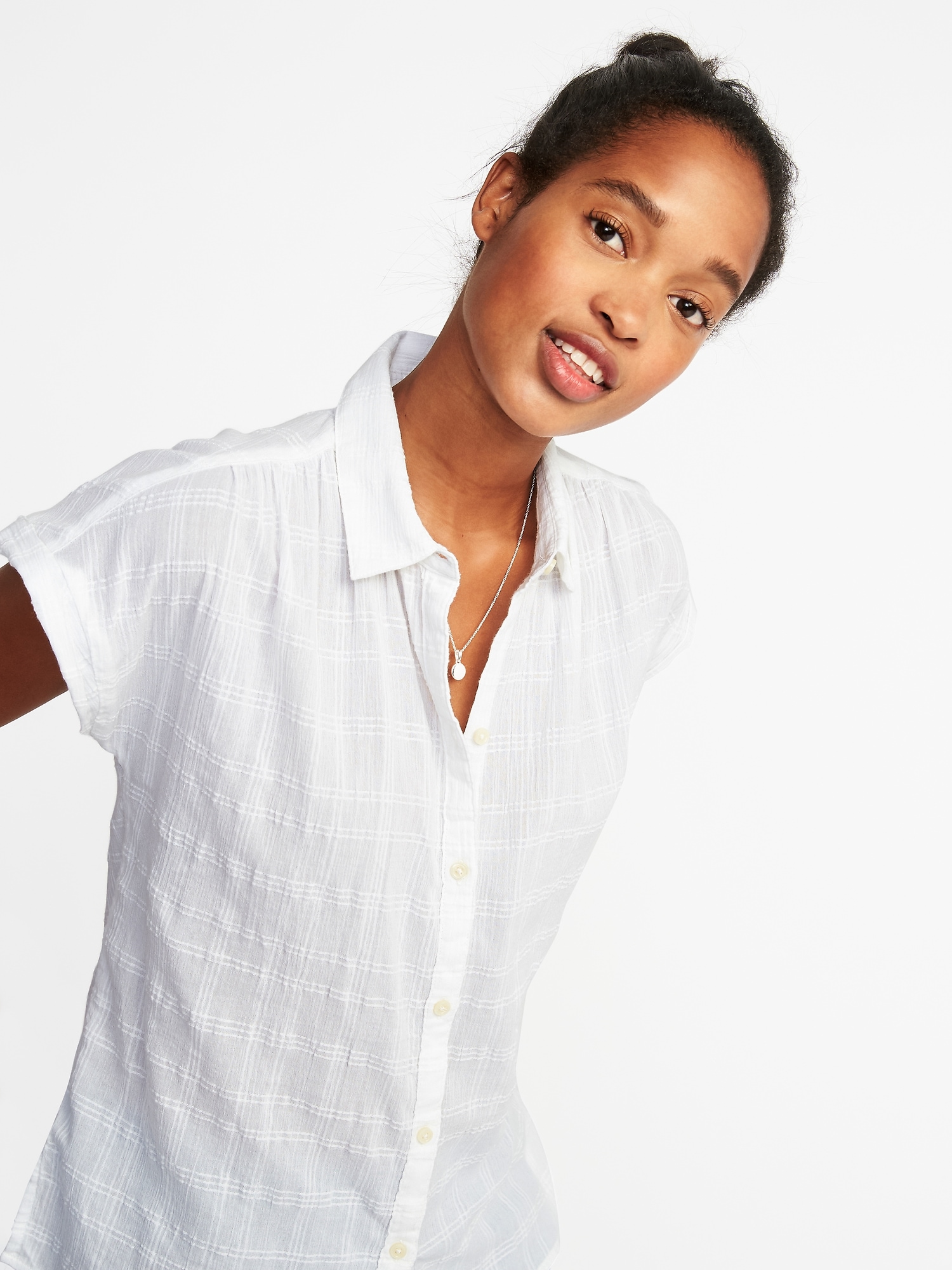 Relaxed Dobby-Windowpane Button-Front Top for Women | Old Navy
