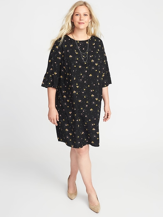 View large product image 1 of 1. Floral-Print 3/4-Sleeve Plus-Size Shift Dress