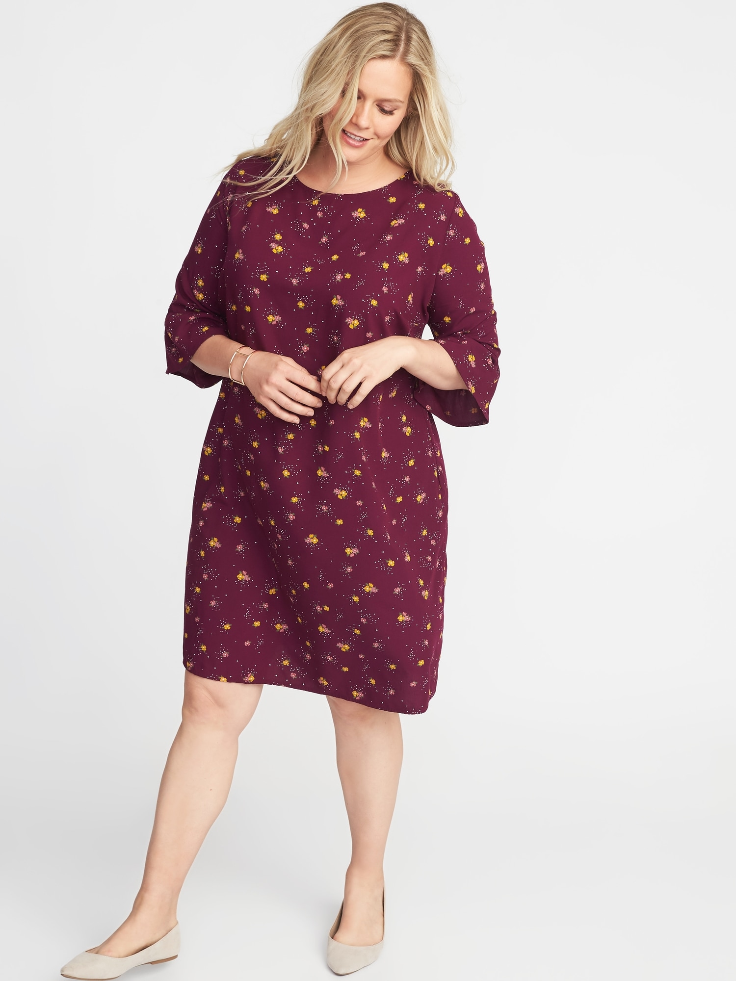 Floral-Print 3/4-Sleeve Plus-Size Shift Dress | Old Navy