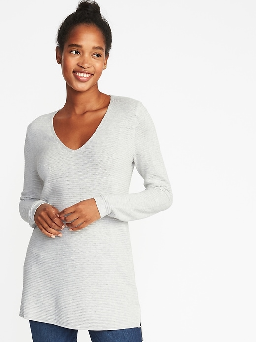 View large product image 1 of 1. Textured V-Neck Tunic Sweater for Women