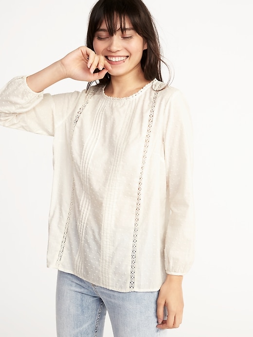 View large product image 1 of 1. Relaxed Clip-Dot Lace-Trim Blouse for Women