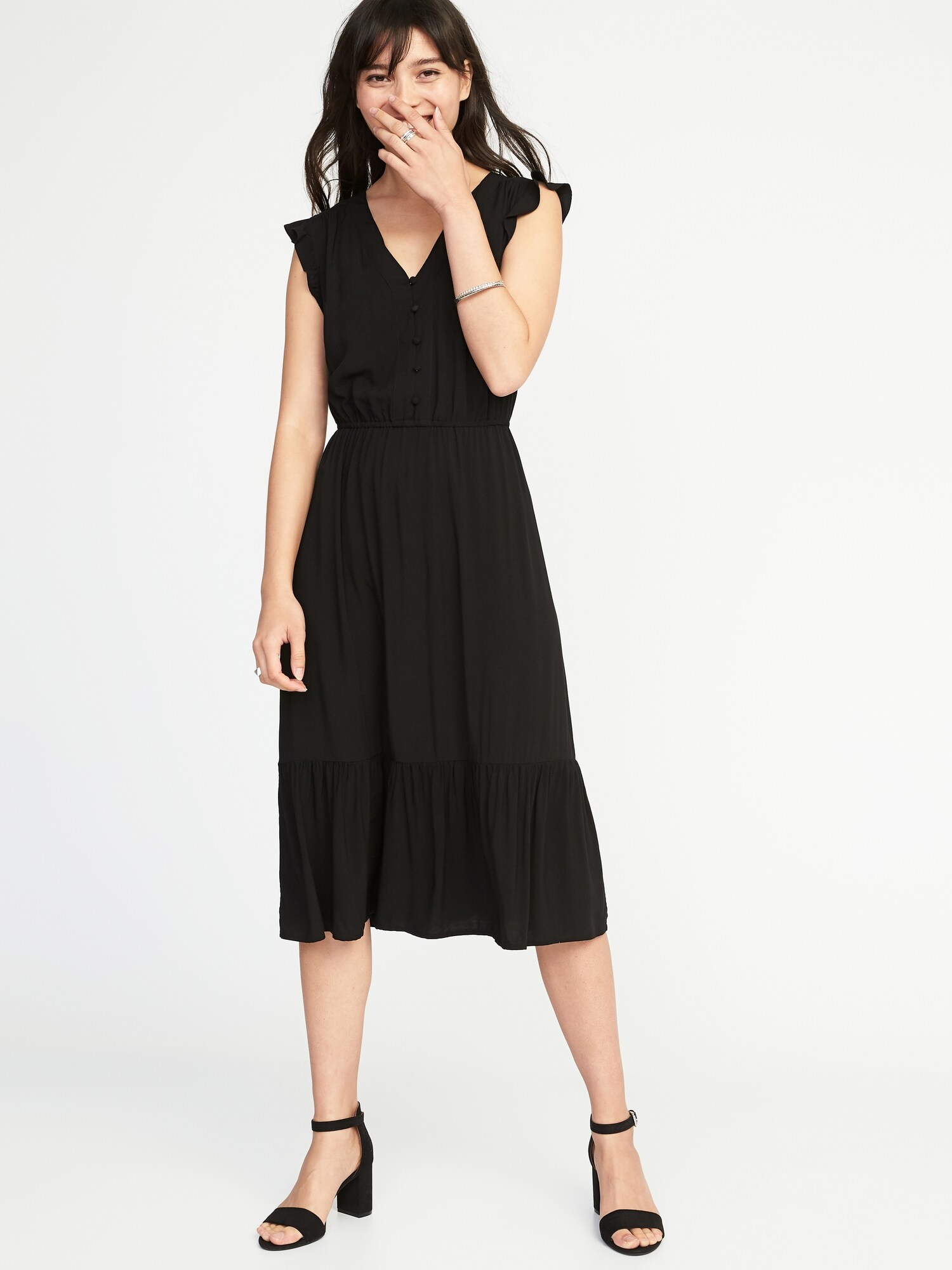 Waist-Defined Flutter-Sleeve Midi for Women | Old Navy