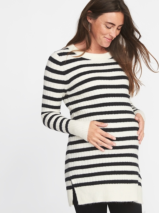 View large product image 1 of 1. Maternity Plush Rib-Knit Tunic Sweater