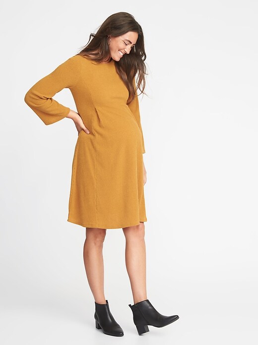 Image number 1 showing, Maternity Rib-Knit Bell-Sleeve A-Line Dress