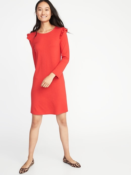 View large product image 1 of 2. Ruffle-Trim Ponte-Knit Tee Dress for Women