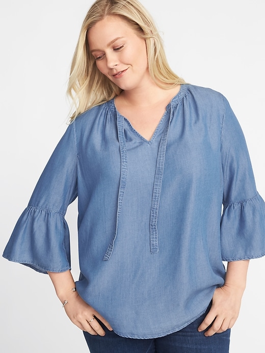 Image number 1 showing, Chambray Tie-Neck Plus-Size Bell-Sleeve Blouse