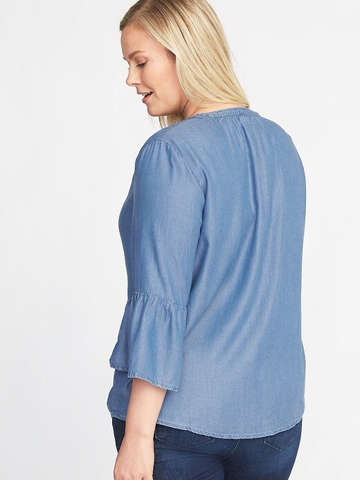 Image number 2 showing, Chambray Tie-Neck Plus-Size Bell-Sleeve Blouse