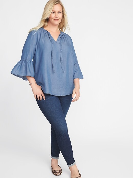 Image number 3 showing, Chambray Tie-Neck Plus-Size Bell-Sleeve Blouse
