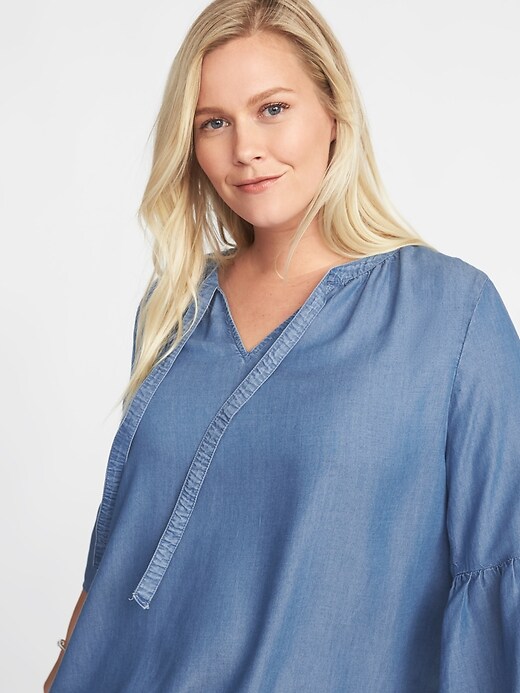 Image number 4 showing, Chambray Tie-Neck Plus-Size Bell-Sleeve Blouse