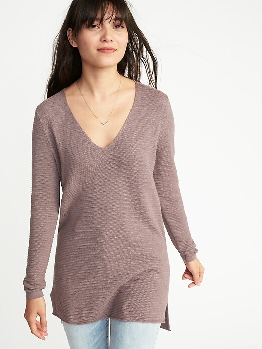 Image number 1 showing, Textured V-Neck Tunic Sweater for Women