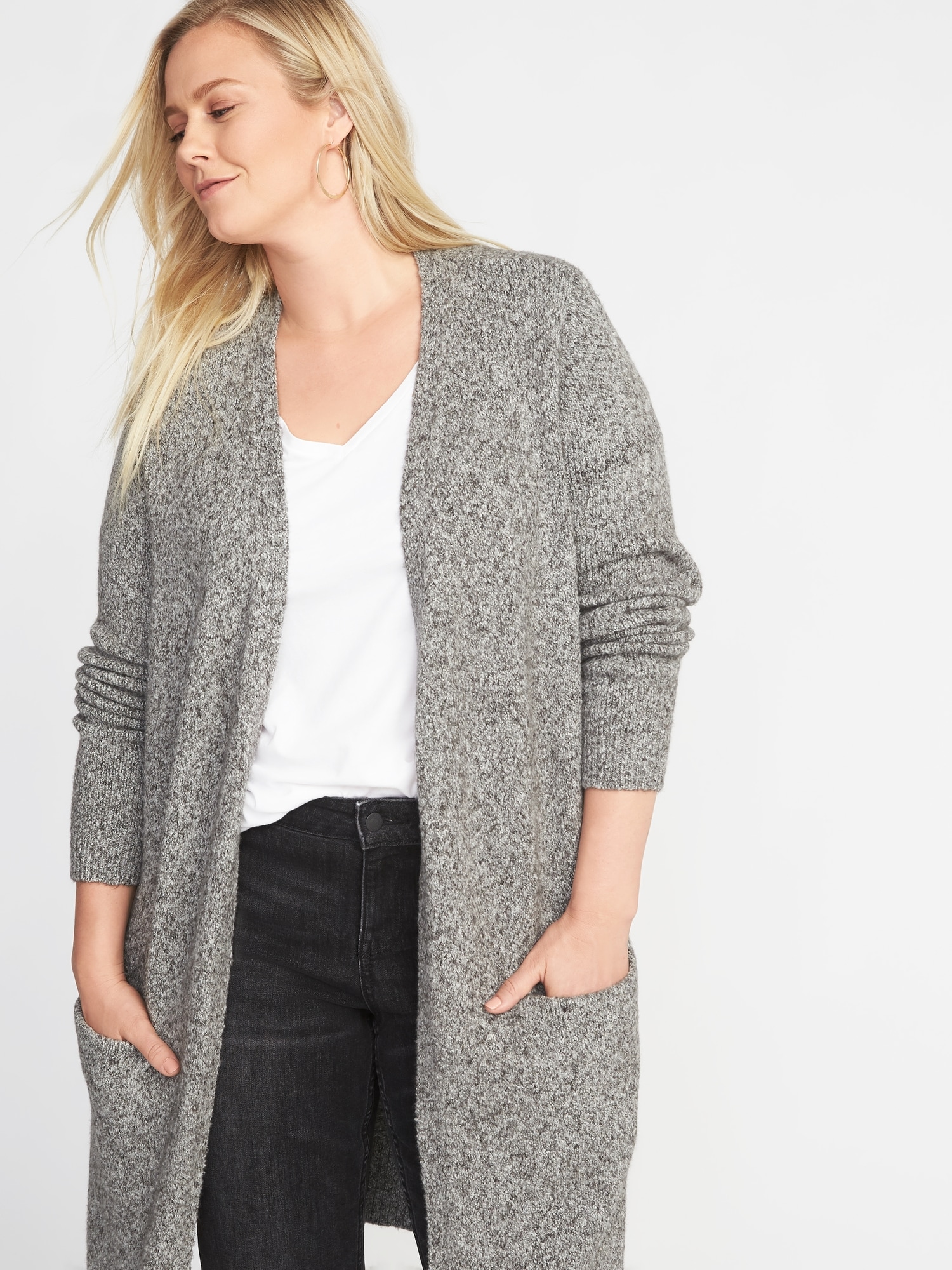 Super-Long Open-Front Plus-Size Thick-Knit Marled Sweater | Old Navy