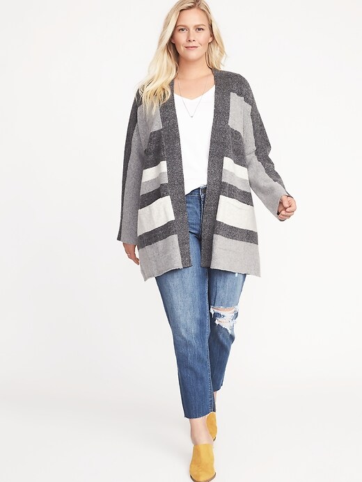 View large product image 1 of 1. Relaxed Plus-Size Open-Front Striped Sweater
