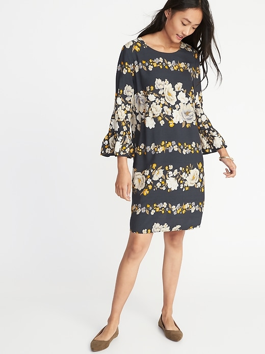 View large product image 1 of 1. Floral-Print 3/4-Sleeve Shift Dress for Women