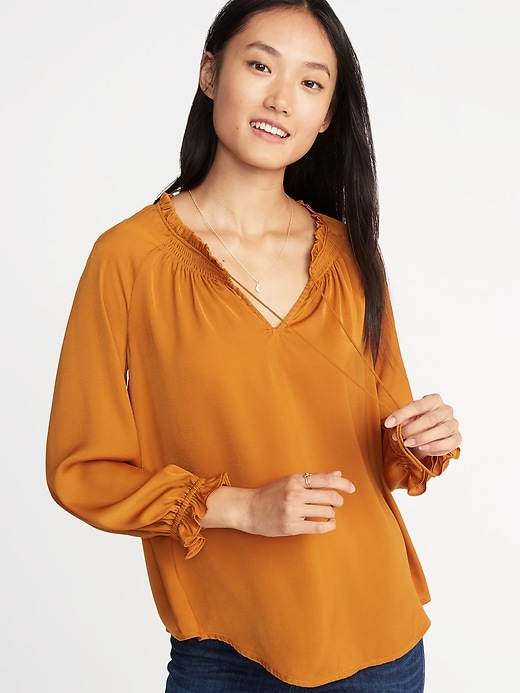 View large product image 1 of 1. Relaxed Satin Poet-Sleeve Blouse for Women