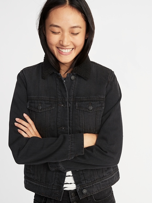 Sherpa Lined Black Denim Jacket for Women